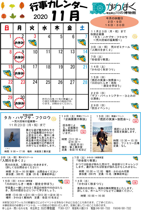かわはくカレンダー１１月号 埼玉県立川の博物館 かわはく