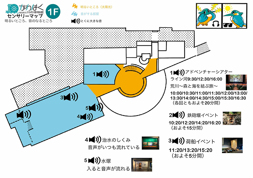 かわはくセンサリーマップ　明るいところ、音のなるところ1Fのフロア図です。特に大きな音が5カ所あります。